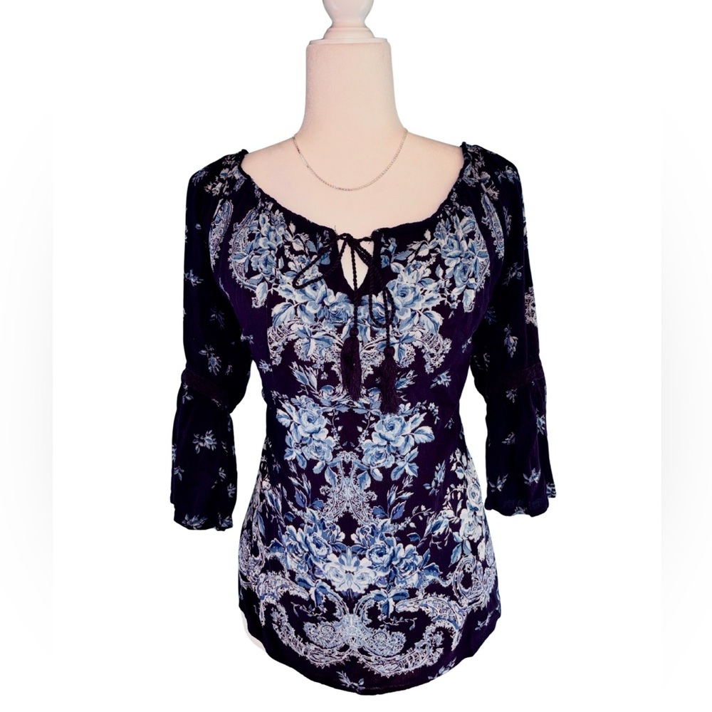 Bila Navy & Blue Floral Boho Festival Bell Sleeve Peasant Top Size L
